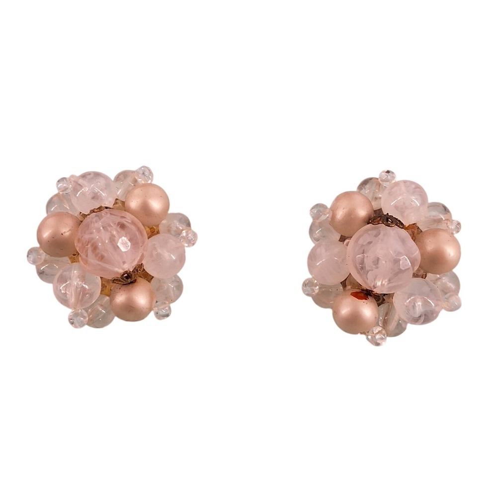 Vintage West Germany Pink Swirl Lucite & Faux Pearl Cluster‎ Clip-On Earrings
